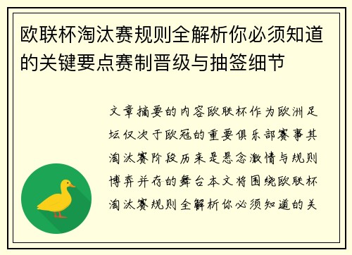欧联杯淘汰赛规则全解析你必须知道的关键要点赛制晋级与抽签细节